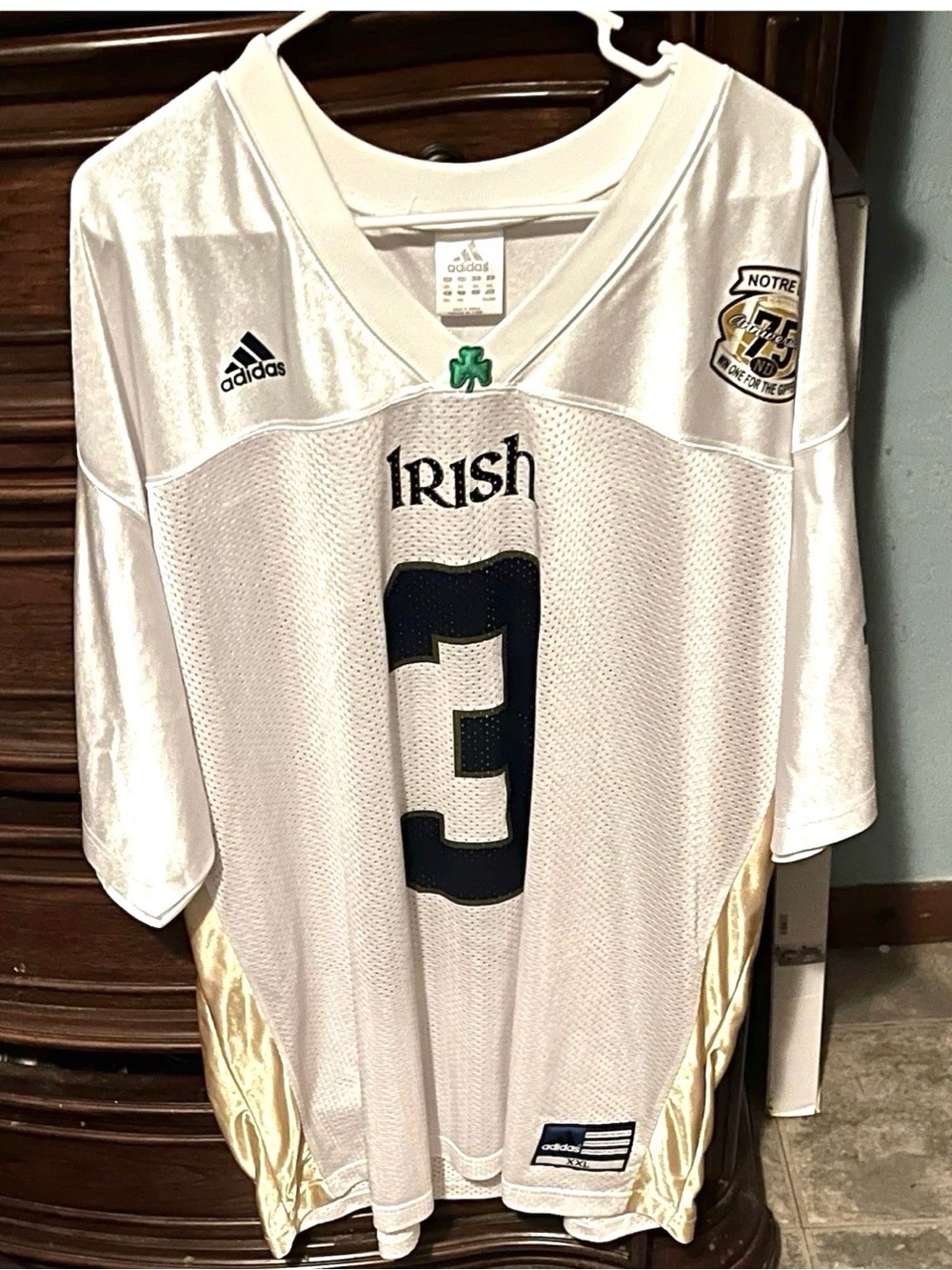 Mens 2XL adidas White Notre Dame 'Irish' Football Jersey - Navy Number 3